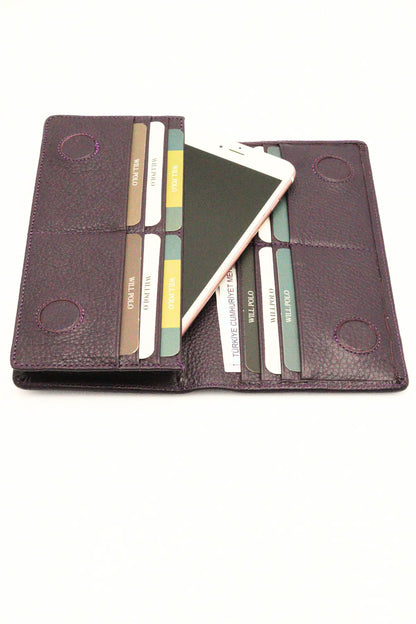 Purple Genuine Leather Wallet with Phone Compartment, Magnetic Long Clutch