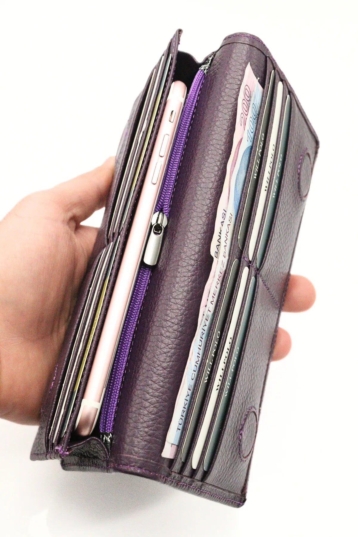 Purple Genuine Leather Wallet with Phone Compartment, Magnetic Long Clutch