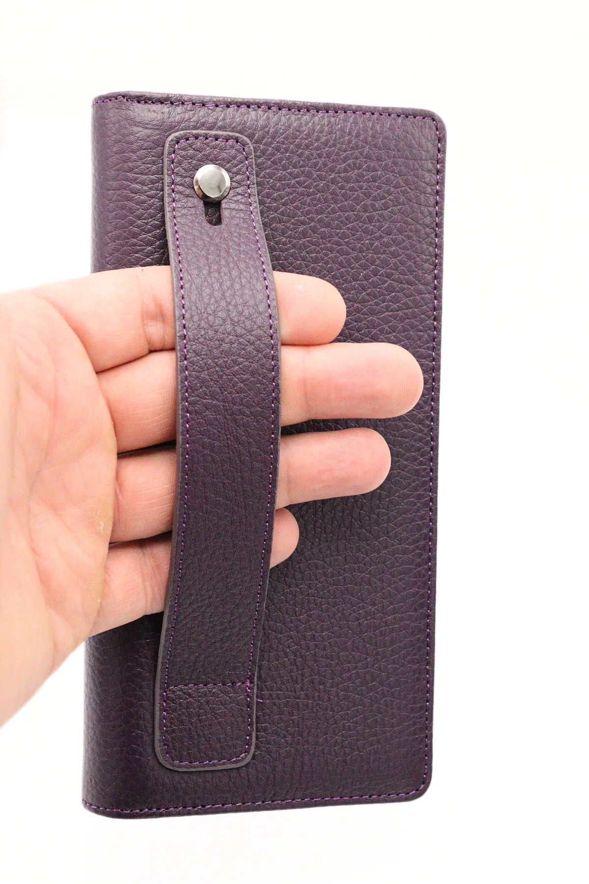 Purple Genuine Leather Wallet with Phone Compartment, Magnetic Long Clutch