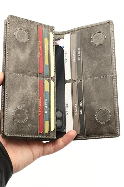 Grey Genuine Leather Wallet with Phone Compartment, Magnetic Long Clutch