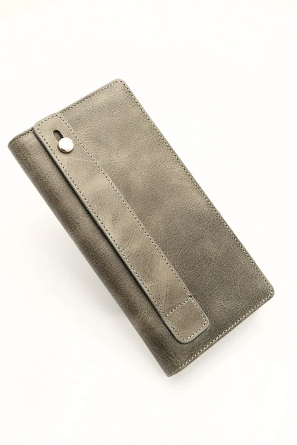 Grey Genuine Leather Wallet with Phone Compartment, Magnetic Long Clutch