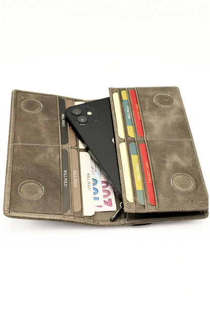 Grey Genuine Leather Wallet with Phone Compartment, Magnetic Long Clutch