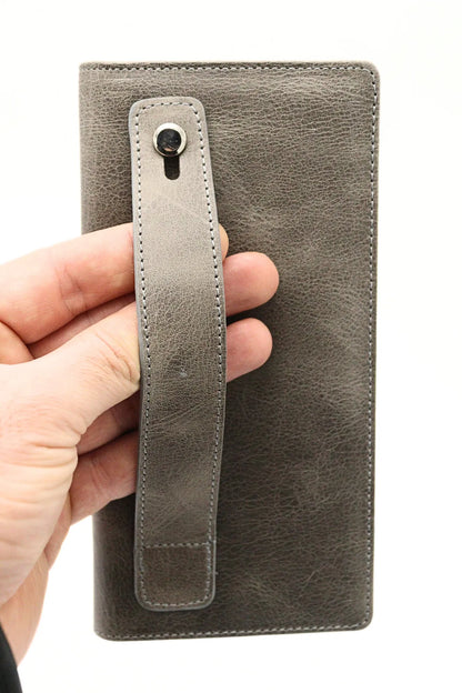 Grey Genuine Leather Wallet with Phone Compartment, Magnetic Long Clutch