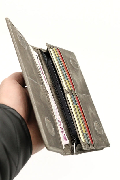 Grey Genuine Leather Wallet with Phone Compartment, Magnetic Long Clutch