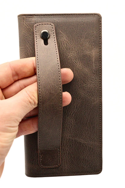 Brown Genuine Leather Wallet with Phone Compartment, Magnetic Long Clutch