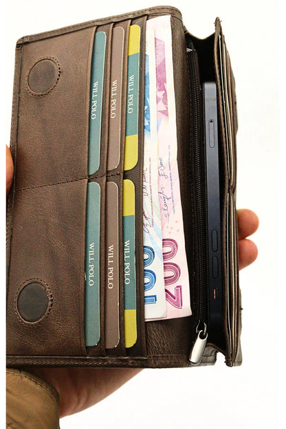 Brown Genuine Leather Wallet with Phone Compartment, Magnetic Long Clutch