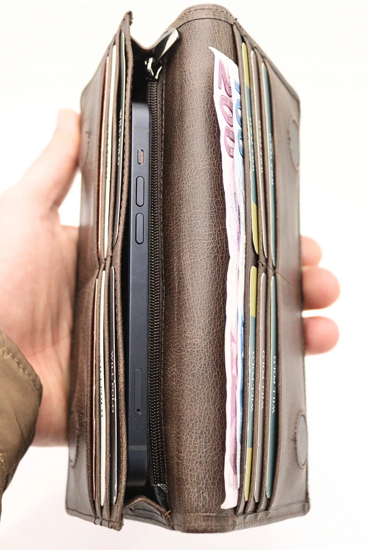 Brown Genuine Leather Wallet with Phone Compartment, Magnetic Long Clutch