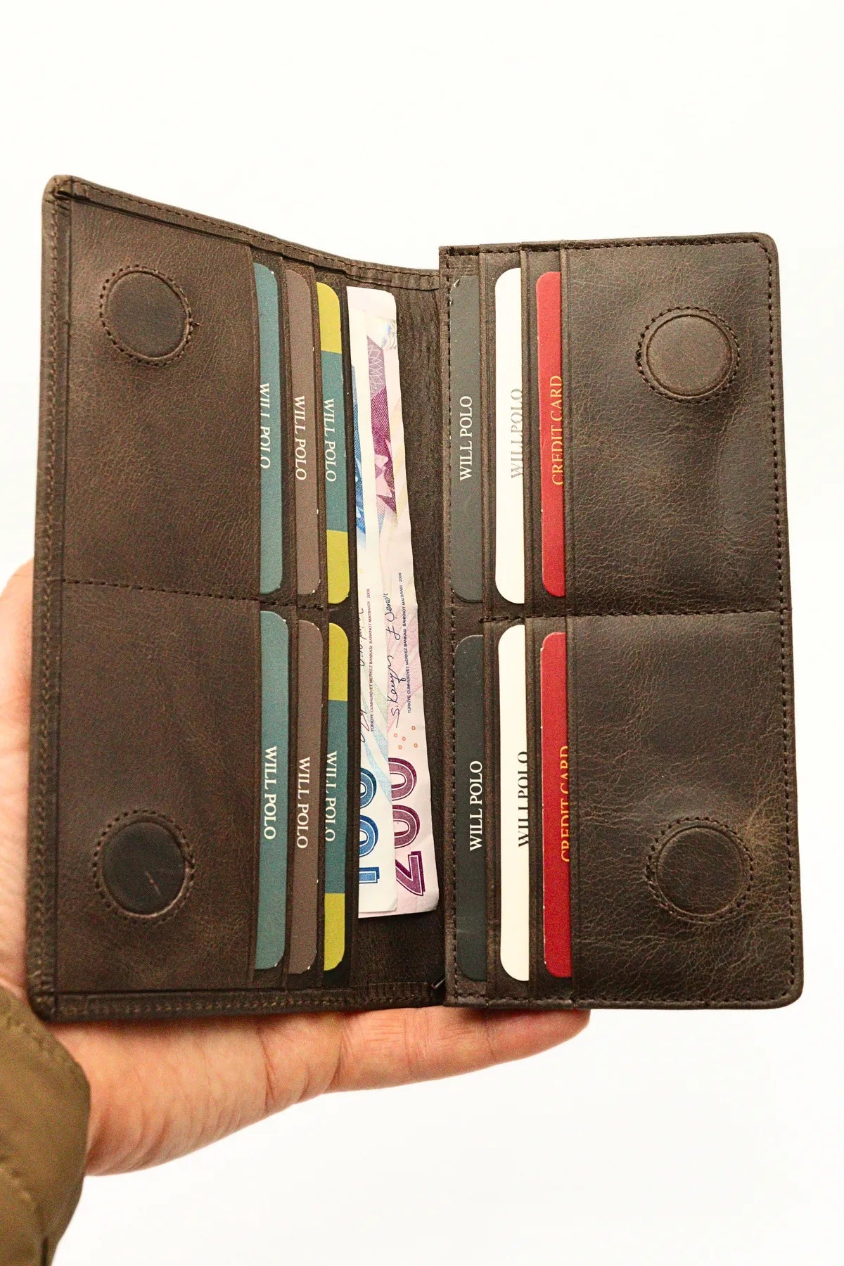 Brown Genuine Leather Wallet with Phone Compartment, Magnetic Long Clutch