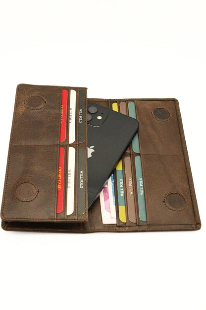 Brown Genuine Leather Wallet with Phone Compartment, Magnetic Long Clutch