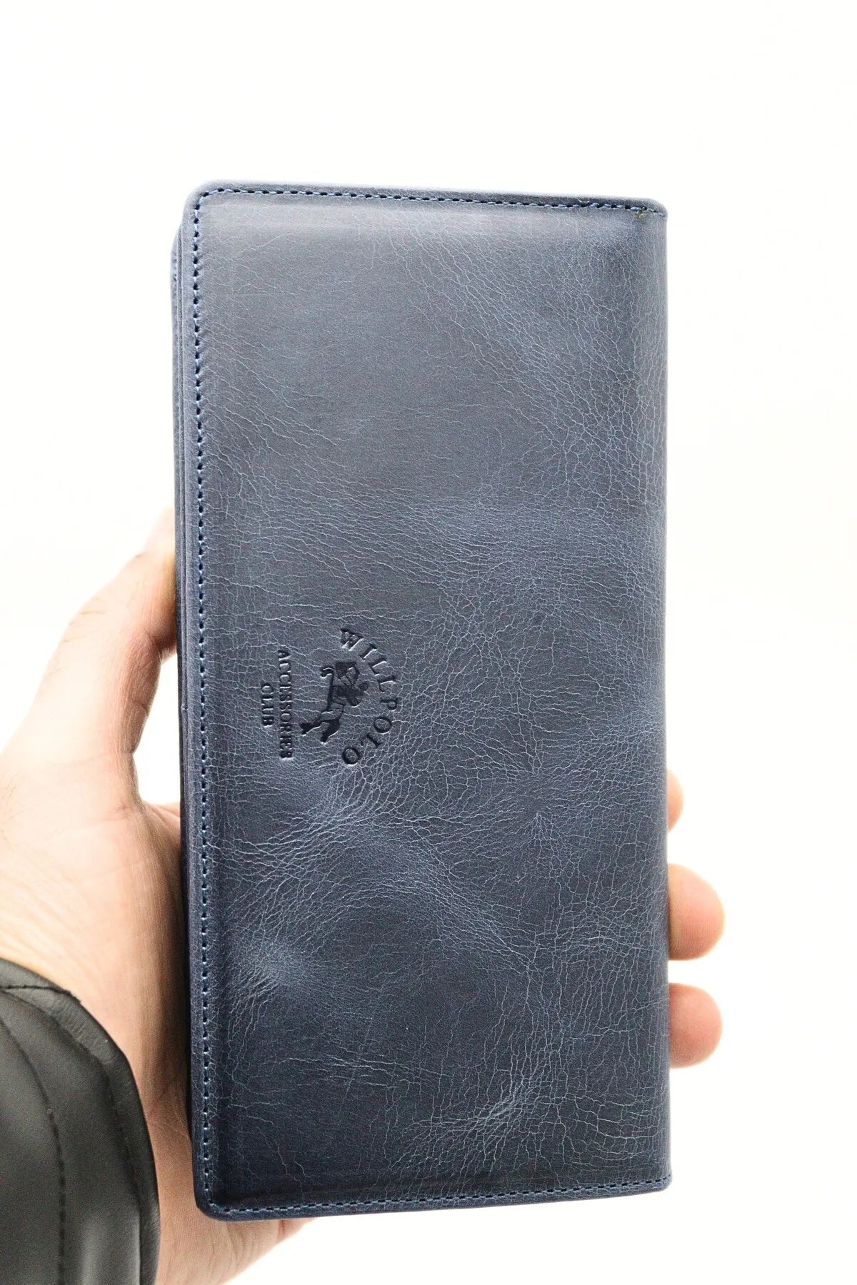 Navy Blue Genuine Leather Wallet with Phone Compartment, Magnetic Long Clutch