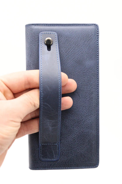 Navy Blue Genuine Leather Wallet with Phone Compartment, Magnetic Long Clutch