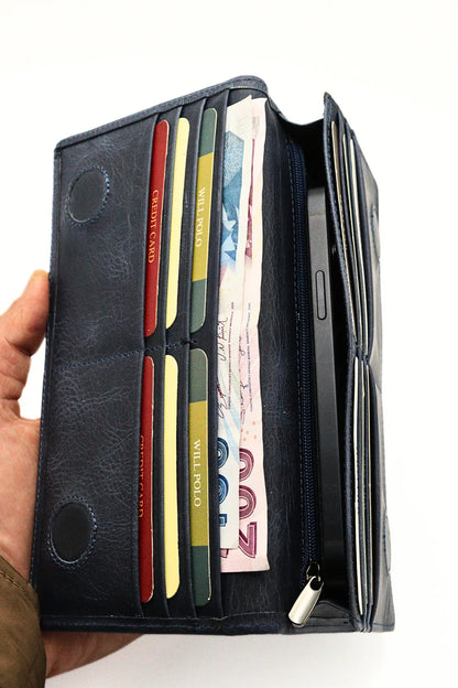 Navy Blue Genuine Leather Wallet with Phone Compartment, Magnetic Long Clutch