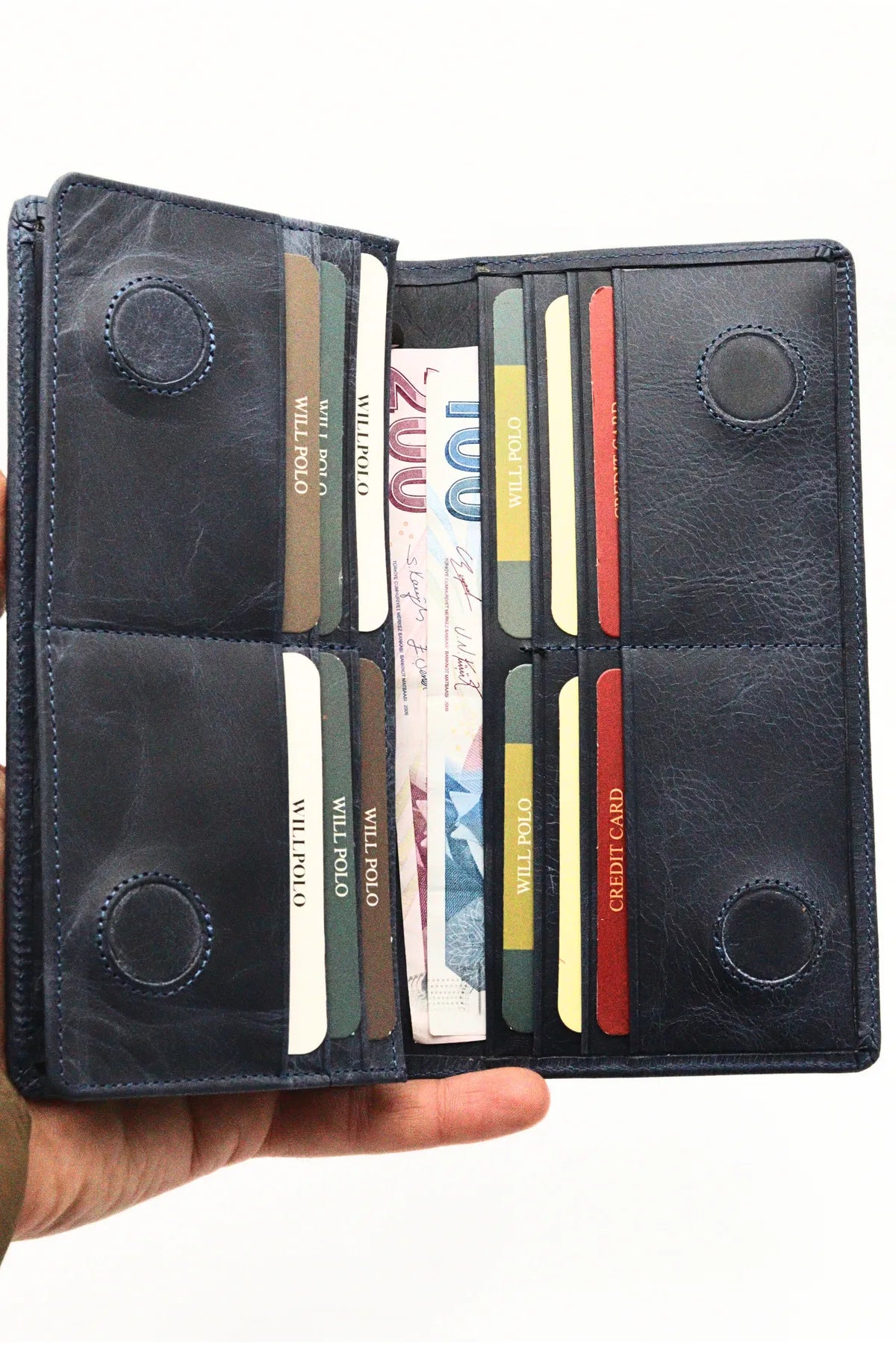 Navy Blue Genuine Leather Wallet with Phone Compartment, Magnetic Long Clutch