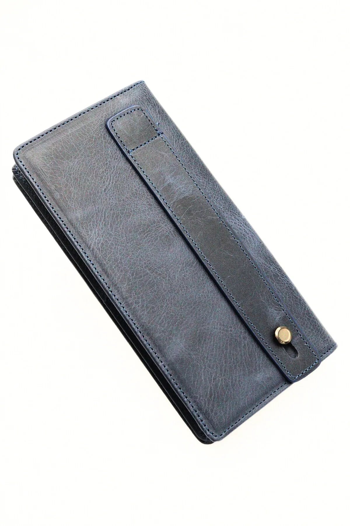 Navy Blue Genuine Leather Wallet with Phone Compartment, Magnetic Long Clutch