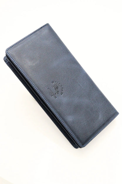 Navy Blue Genuine Leather Wallet with Phone Compartment, Magnetic Long Clutch