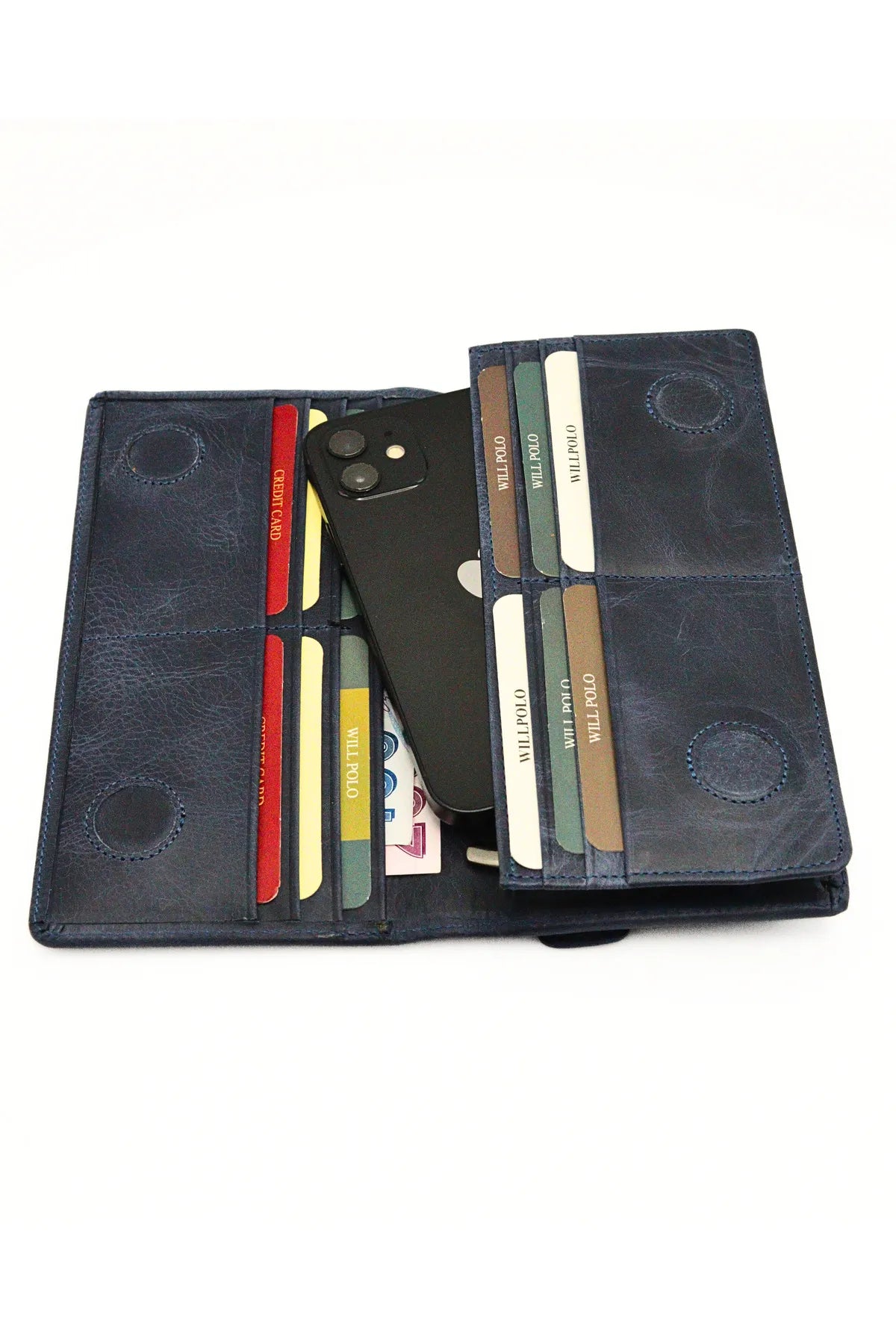 Navy Blue Genuine Leather Wallet with Phone Compartment, Magnetic Long Clutch