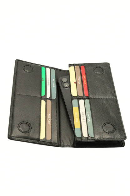 Black Genuine Leather Wallet with Phone Compartment, Magnetic Long Clutch