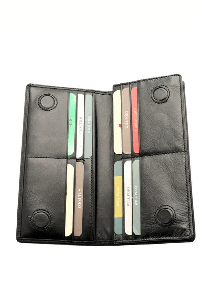 Black Genuine Leather Wallet with Phone Compartment, Magnetic Long Clutch