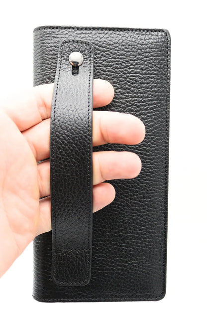 Stylish Black Leather Wallet with Phone Slot and Magnetic Feature