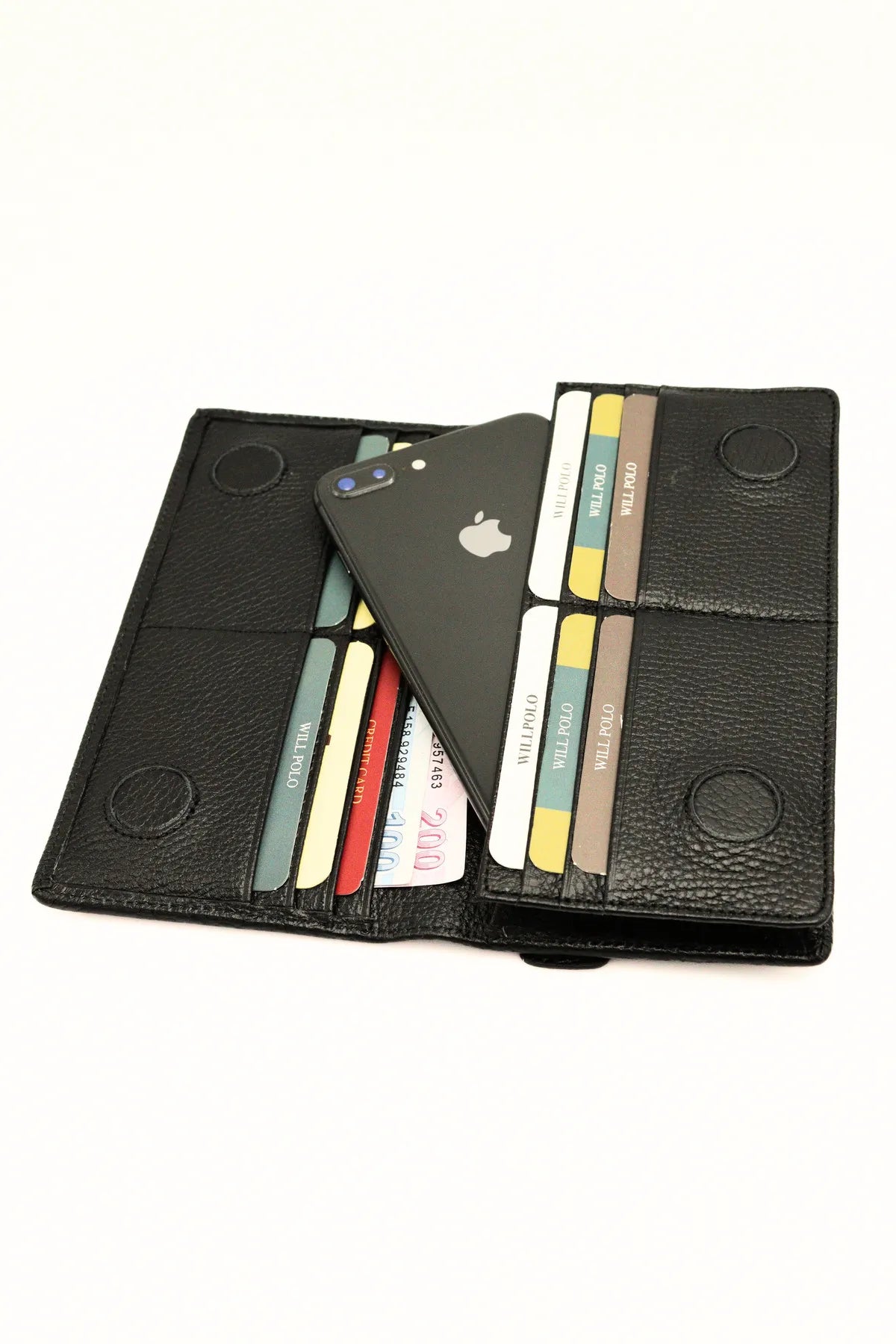 Stylish Black Leather Wallet with Phone Slot and Magnetic Feature