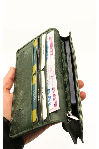 Green Genuine Leather Wallet with Phone Compartment, Magnetic Long Clutch