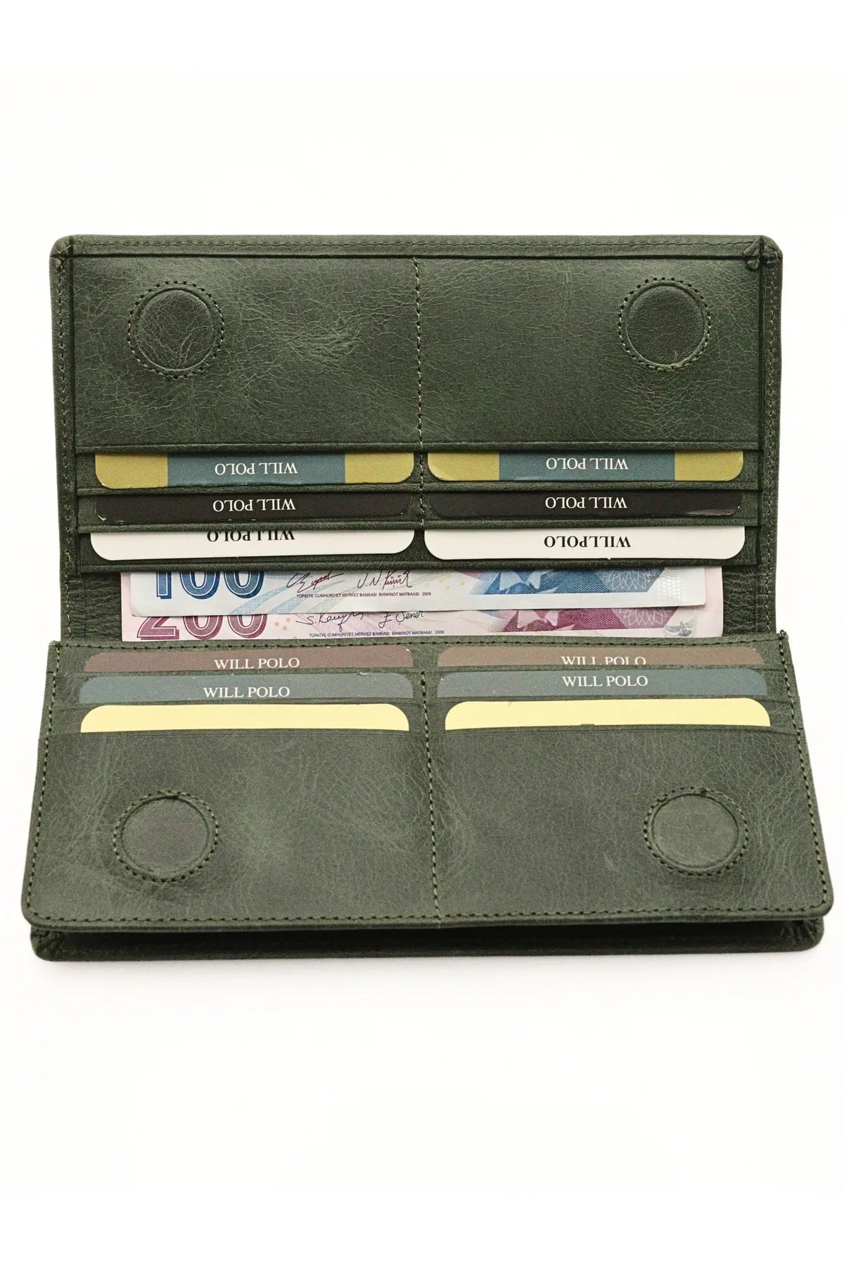 Green Genuine Leather Wallet with Phone Compartment, Magnetic Long Clutch