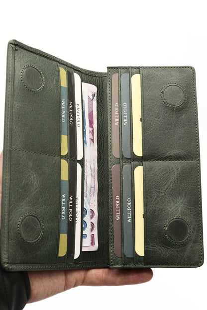 Green Genuine Leather Wallet with Phone Compartment, Magnetic Long Clutch